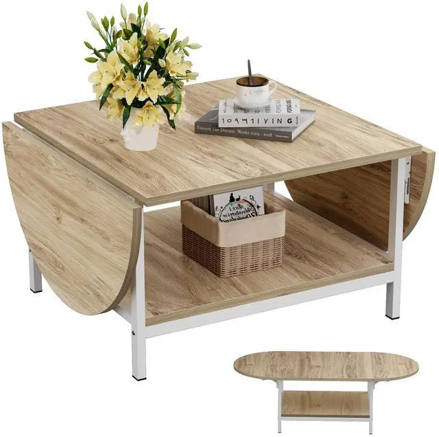Main image of SAYGOER Modern Coffee Table 2-Tier Extended Coffee Tables for Living Room 2-Tier Small Extended Table with Storage White Center Table for Large or Small Spaces, Foldable, Oak