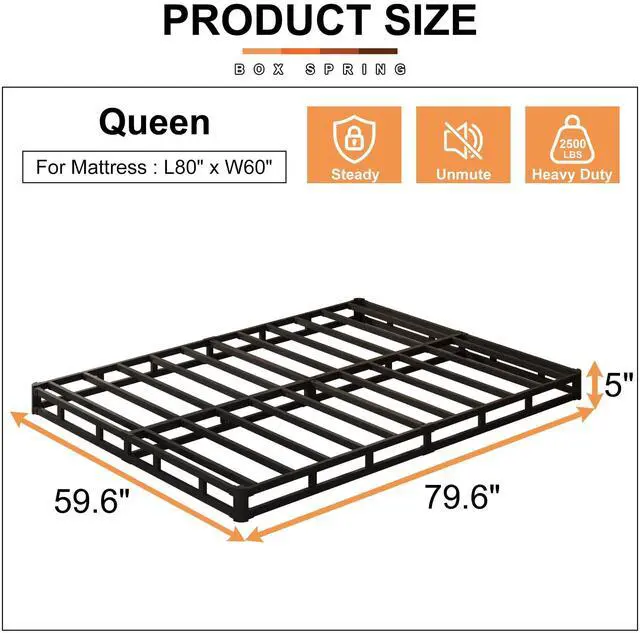 Alt view image 2 of 7 - EMODA 5 Inch Box Spring Queen Size Bed Base, Heavy Duty Metal Queen Mattress Foundation with Fabric Cover, Easy Assembly, Black
