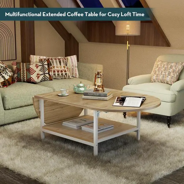 Alt view image 4 of 7 - SAYGOER Modern Coffee Table 2-Tier Extended Coffee Tables for Living Room 2-Tier Small Extended Table with Storage White Center Table for Large or Small Spaces, Foldable, Oak