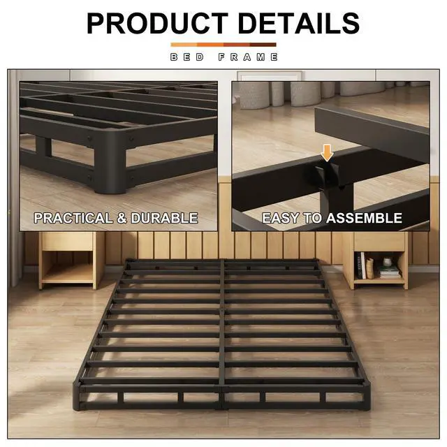 Alt view image 3 of 7 - EMODA 5 Inch Box Spring Queen Size Bed Base, Heavy Duty Metal Queen Mattress Foundation with Fabric Cover, Easy Assembly, Black