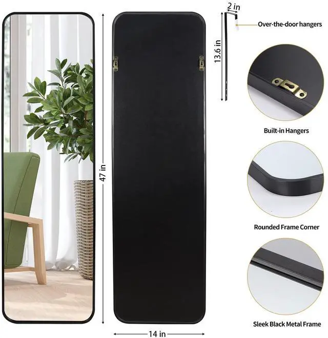 Alt view image 2 of 7 - Giftgarden 47x14 Black Full Length Mirror Aluminum Alloy Framed, Sleek Long Full-Body Metal Tall Mirror Wall Mounted or Hang Over The Door for Bedroom Bathroom Closet
