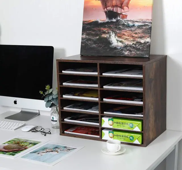 Alt view image 4 of 7 - EasyPAG 12 Compartments Wooden Literature Organizer with Adjustable Shelves, 6000 Sheets Capacity Paper Organizer, Classroom Mailbox and Mail Sorter for Teachers and Office, Archaize