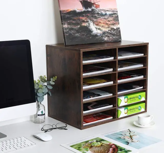 Alt view image 6 of 7 - EasyPAG 12 Compartments Wooden Literature Organizer with Adjustable Shelves, 6000 Sheets Capacity Paper Organizer, Classroom Mailbox and Mail Sorter for Teachers and Office, Archaize