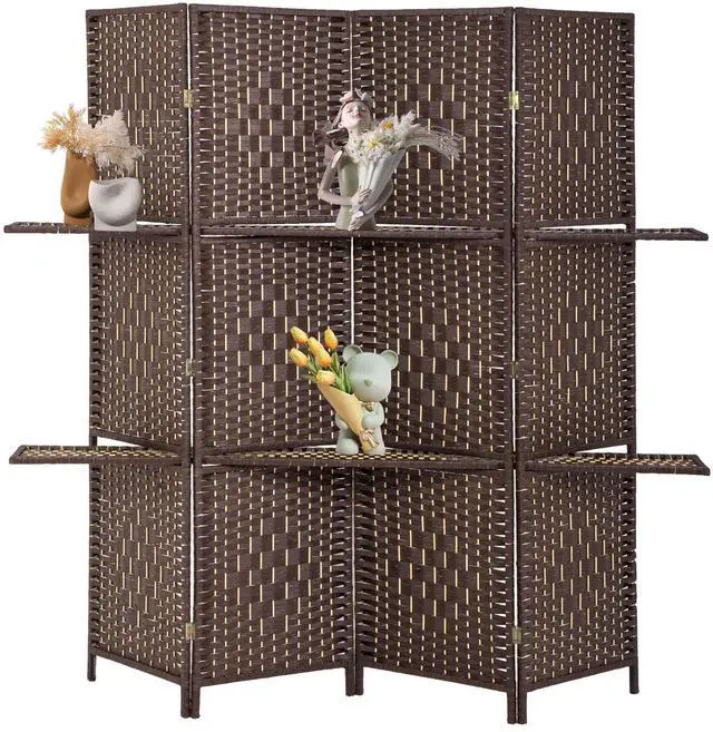 Main image of FDW Room Divider 4 Panel Room Screen Divider Wooden Screen Folding Portable Partition Screens Wood with Removable Storage Shelves Color,Brown