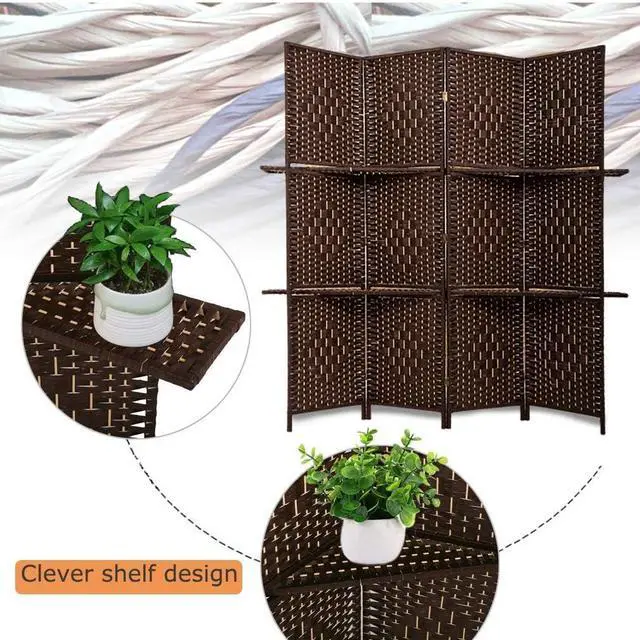 Alt view image 3 of 7 - FDW Room Divider 4 Panel Room Screen Divider Wooden Screen Folding Portable Partition Screens Wood with Removable Storage Shelves Color,Brown