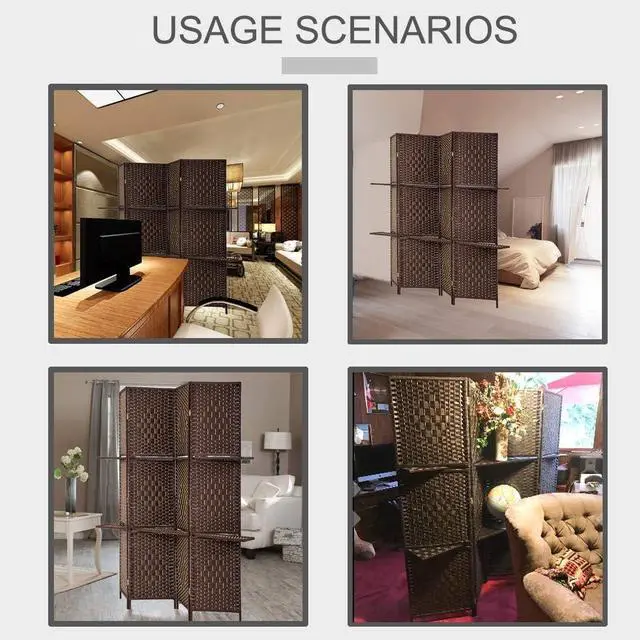 Alt view image 6 of 7 - FDW Room Divider 4 Panel Room Screen Divider Wooden Screen Folding Portable Partition Screens Wood with Removable Storage Shelves Color,Brown