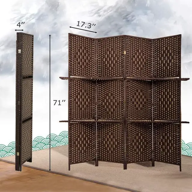 Alt view image 7 of 7 - FDW Room Divider 4 Panel Room Screen Divider Wooden Screen Folding Portable Partition Screens Wood with Removable Storage Shelves Color,Brown