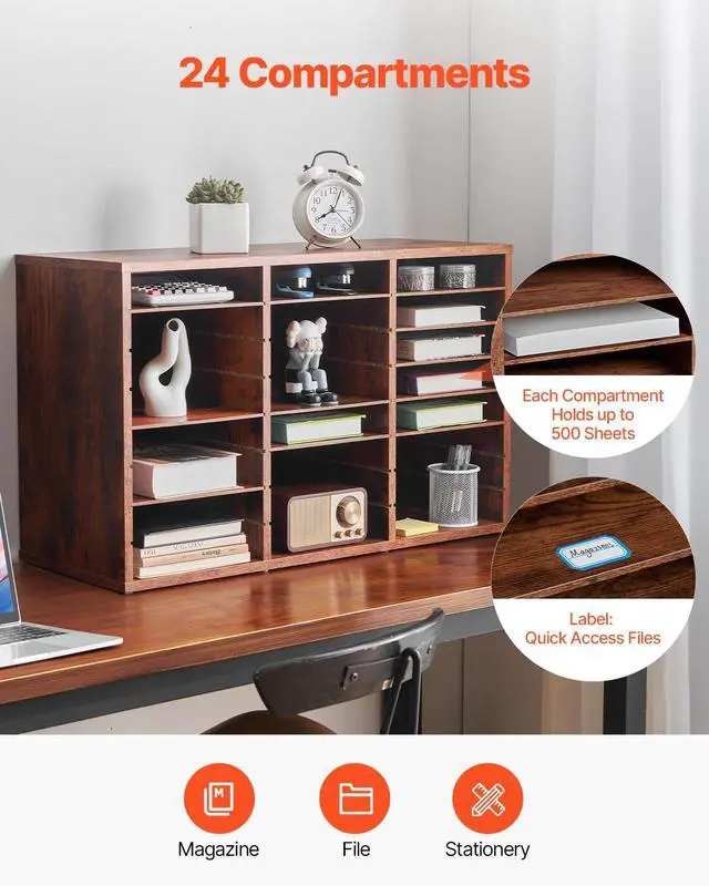 Alt view image 4 of 7 - VEVOR Literature Organizer, 24 Compartments Office Mailbox with Removable Shelves, Wooden Mailbox Sorter Particle Board Office Home Classroom Storage, File Sorter for Documents, Papers, Dark Brown
