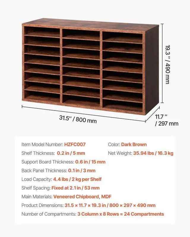 Alt view image 7 of 7 - VEVOR Literature Organizer, 24 Compartments Office Mailbox with Removable Shelves, Wooden Mailbox Sorter Particle Board Office Home Classroom Storage, File Sorter for Documents, Papers, Dark Brown
