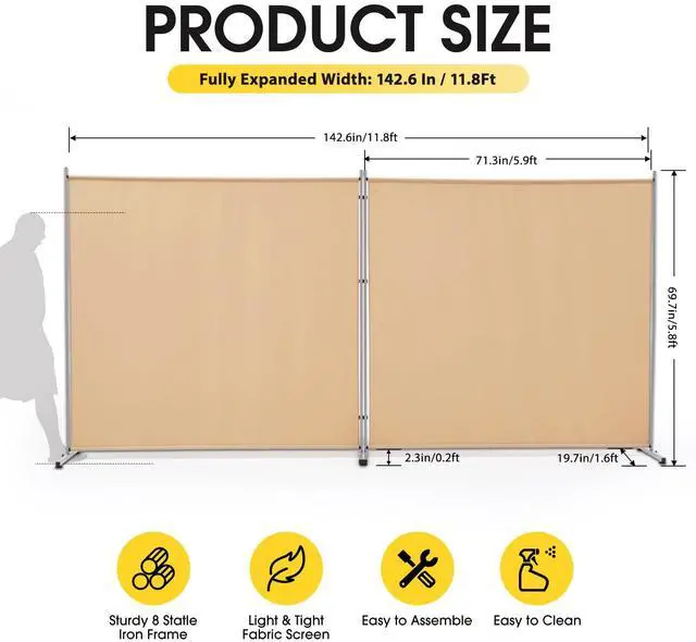 Alt view image 2 of 7 - Rantila 2 Large Panels Room Divider,Portable Office Divider,Convenient Movable,Folding Partition Privacy Screen for Bedroom,Dining Room, Study,142" W x 71" H,Beige