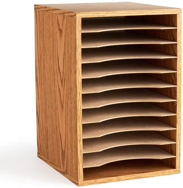 Main image of Safco Vertical Desktop Sorter, Wooden Paper Organizer for Home Office and Classroom, 11 Adjustable, Letter-Size Compartments, Medium Oak