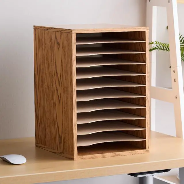 Alt view image 2 of 4 - Safco Vertical Desktop Sorter, Wooden Paper Organizer for Home Office and Classroom, 11 Adjustable, Letter-Size Compartments, Medium Oak