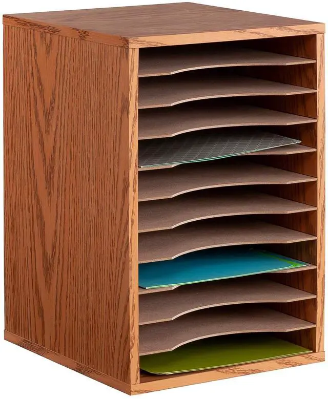 Alt view image 4 of 4 - Safco Vertical Desktop Sorter, Wooden Paper Organizer for Home Office and Classroom, 11 Adjustable, Letter-Size Compartments, Medium Oak