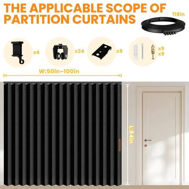 Alt view image 3 of 7 - Room Divider Curtain Sets with Flexible Ceiling Track, Privacy Soundproof Curtain for Bedroom Office Patio Sliding Door(Black, W100 x L84, 1 Pack)