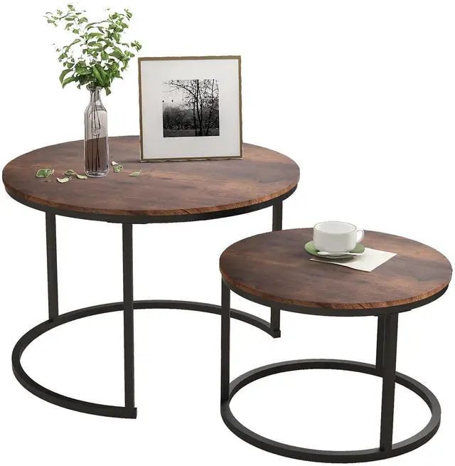 Main image of HOJINLINERO Round Coffee Table,Nesting Coffee Table Set of 2,Center Tables for Living Room,Office, Home Small Space,Stacking Side Tables,Sturdy and Easy Assembly,Wood Desktop,Brown,Large