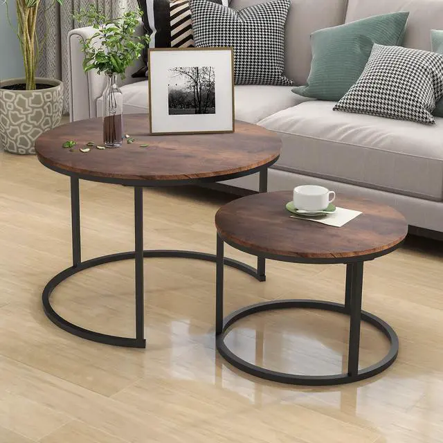 Alt view image 2 of 7 - HOJINLINERO Round Coffee Table,Nesting Coffee Table Set of 2,Center Tables for Living Room,Office, Home Small Space,Stacking Side Tables,Sturdy and Easy Assembly,Wood Desktop,Brown,Large