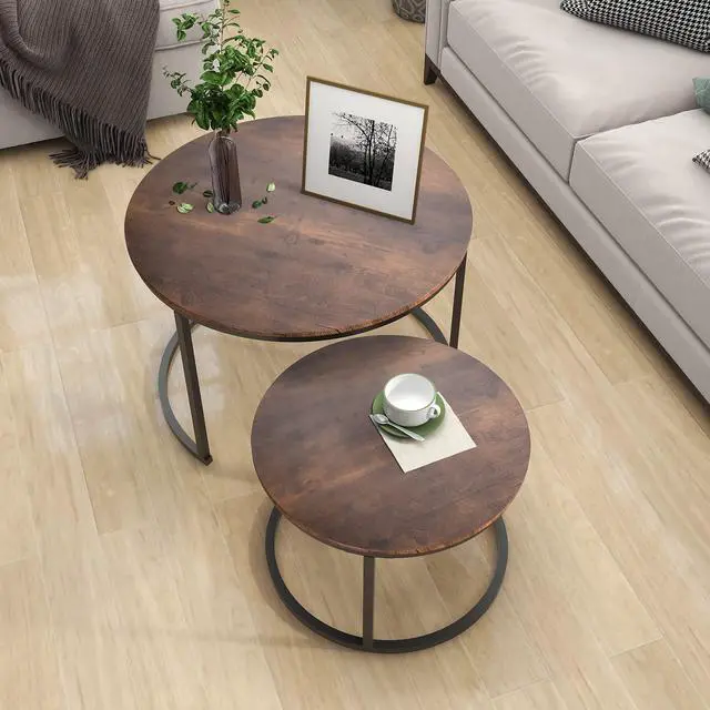 Alt view image 3 of 7 - HOJINLINERO Round Coffee Table,Nesting Coffee Table Set of 2,Center Tables for Living Room,Office, Home Small Space,Stacking Side Tables,Sturdy and Easy Assembly,Wood Desktop,Brown,Large