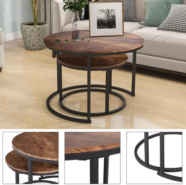 Alt view image 4 of 7 - HOJINLINERO Round Coffee Table,Nesting Coffee Table Set of 2,Center Tables for Living Room,Office, Home Small Space,Stacking Side Tables,Sturdy and Easy Assembly,Wood Desktop,Brown,Large