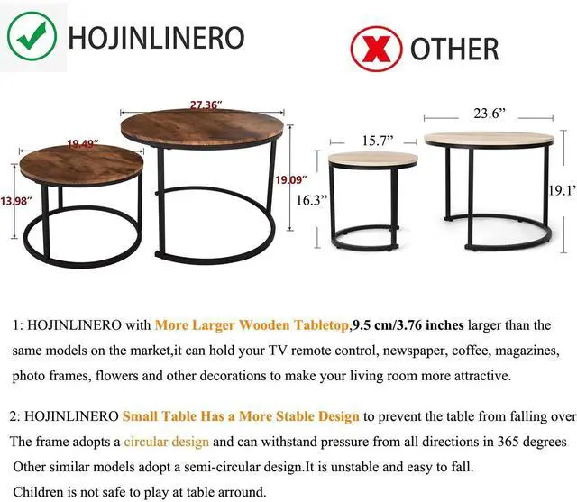 Alt view image 6 of 7 - HOJINLINERO Round Coffee Table,Nesting Coffee Table Set of 2,Center Tables for Living Room,Office, Home Small Space,Stacking Side Tables,Sturdy and Easy Assembly,Wood Desktop,Brown,Large