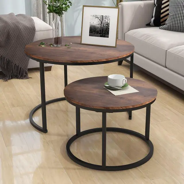Alt view image 7 of 7 - HOJINLINERO Round Coffee Table,Nesting Coffee Table Set of 2,Center Tables for Living Room,Office, Home Small Space,Stacking Side Tables,Sturdy and Easy Assembly,Wood Desktop,Brown,Large