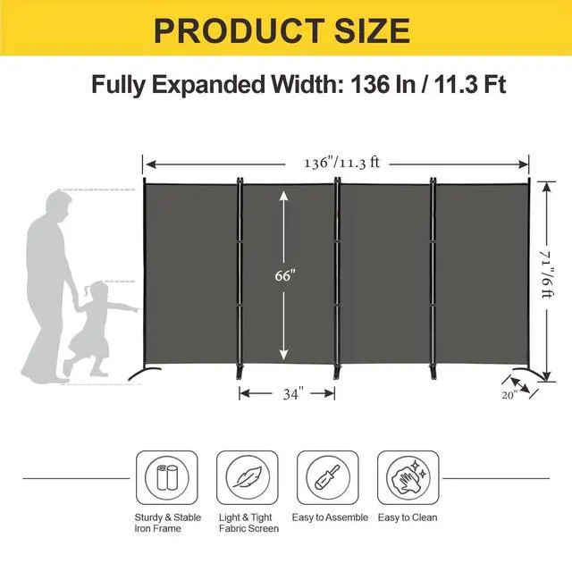 Alt view image 5 of 6 - MAYOLIAH 4 Panel Privacy Screen Room Dividers 6FT Tall Portable Office Wall Divider for Rooms Separator 136" x20"x71", Grey