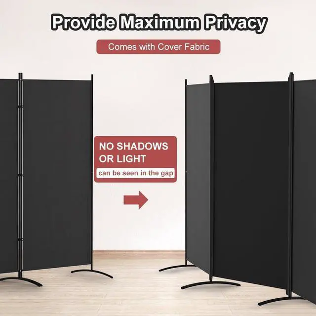 Alt view image 4 of 7 - Kokorona 4 Panel Room Divider, 6FT Tall Folding Privacy Screen Wall Dividers, Portable Privacy Screen Freestanding Room Divider for Room Separation, Included - Cover Strips, Black, 136''W x 71''H