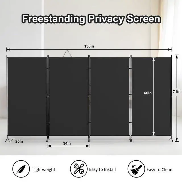 Alt view image 2 of 7 - Kokorona 4 Panel Room Divider, 6FT Tall Folding Privacy Screen Wall Dividers, Portable Privacy Screen Freestanding Room Divider for Room Separation, Included - Cover Strips, Black, 136''W x 71''H