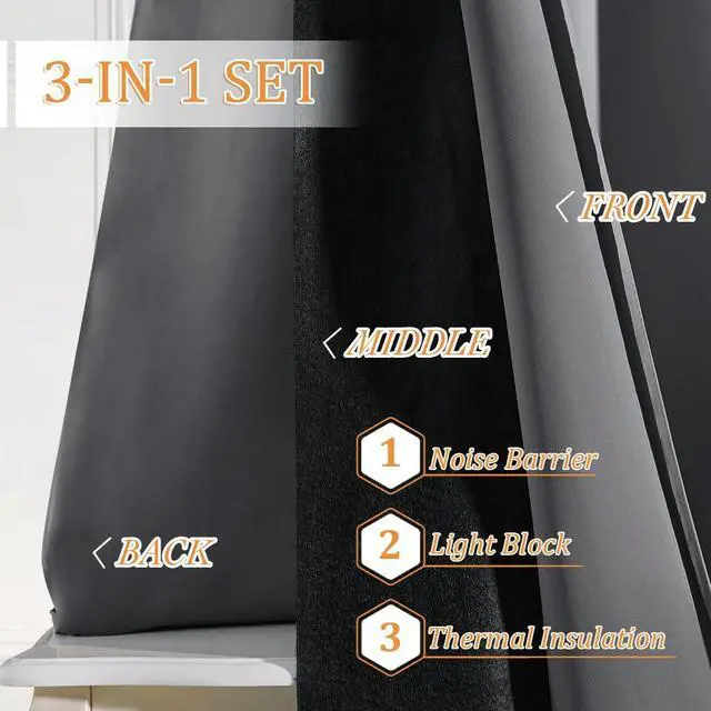Alt view image 4 of 7 - RYB HOME Soundproof Curtains 84 inches - 3 Layers Blackout Curtains Noise Cancelling Thermal Insulted Drapes for Door Window Living Room Nursery Divider Drapes, W 52 x L 84 inch, Gray, 1 Pair