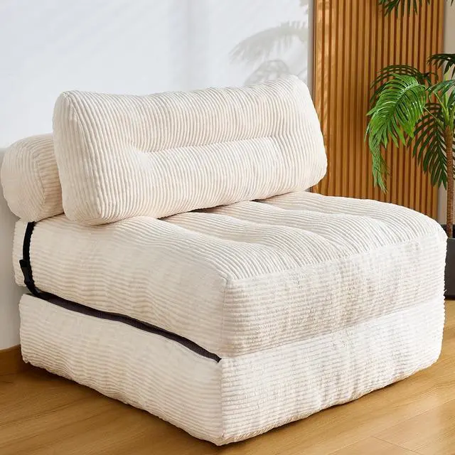 Main image of Folding Sofa Bed, Convertible Sleeper Chair Couch Bed Faux Rabbit Fur for Adults, with Back Support Floor Couch Comfy Floor Sofa for Living Room Bedroom, Ivory, Single