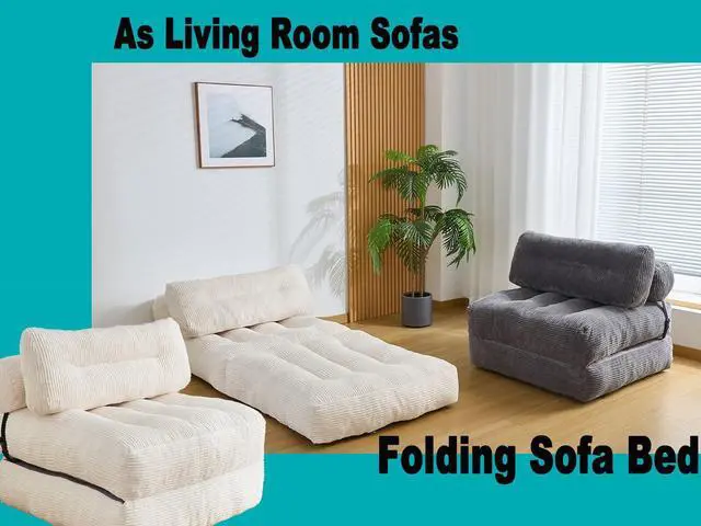 Alt view image 3 of 7 - Folding Sofa Bed, Convertible Sleeper Chair Couch Bed Faux Rabbit Fur for Adults, with Back Support Floor Couch Comfy Floor Sofa for Living Room Bedroom, Ivory, Single