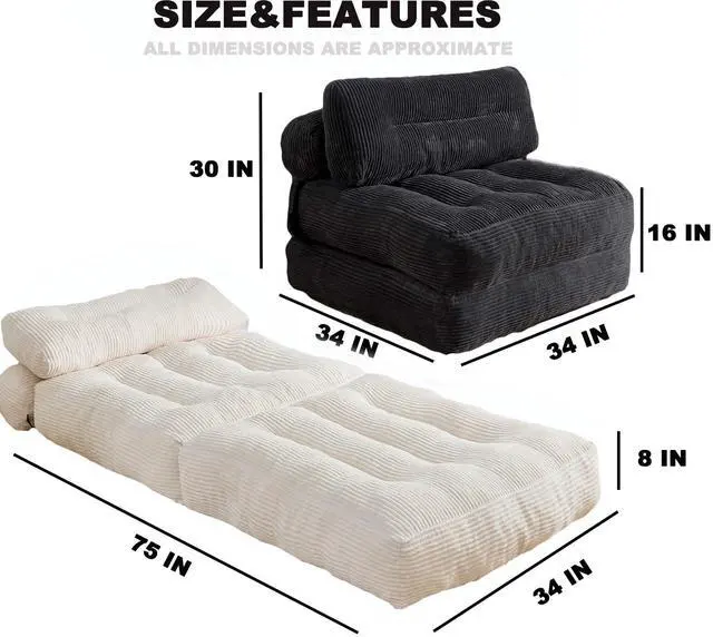 Alt view image 2 of 7 - Folding Sofa Bed, Convertible Sleeper Chair Couch Bed Faux Rabbit Fur for Adults, with Back Support Floor Couch Comfy Floor Sofa for Living Room Bedroom, Ivory, Single