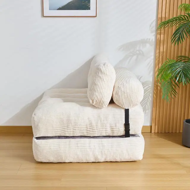 Alt view image 6 of 7 - Folding Sofa Bed, Convertible Sleeper Chair Couch Bed Faux Rabbit Fur for Adults, with Back Support Floor Couch Comfy Floor Sofa for Living Room Bedroom, Ivory, Single
