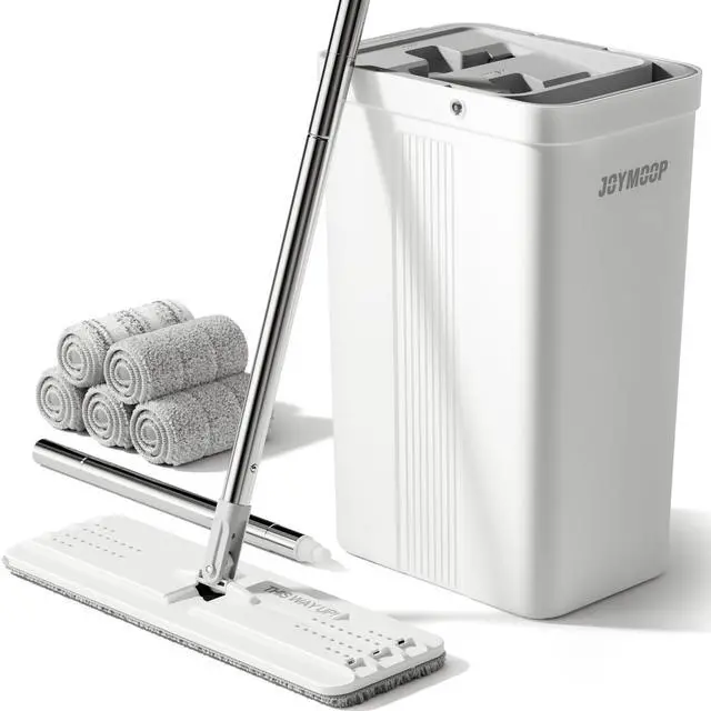 Main image of JOYMOOP Flat Mop System, Microfiber Mop and Bucket Set, White, Floor Cleaning for Home & Commercial Use, Wet Dry Mop for Hardwood Floors, Long Handle, Includes 5 Washable Pads