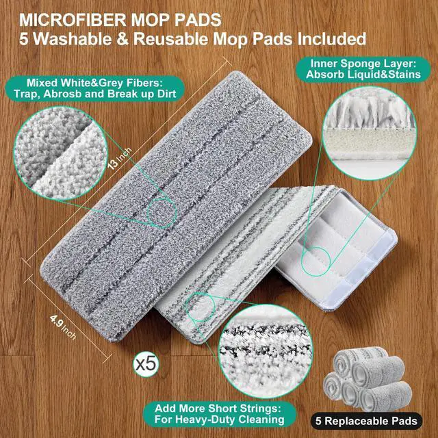 Alt view image 7 of 7 - JOYMOOP Flat Mop System, Microfiber Mop and Bucket Set, White, Floor Cleaning for Home & Commercial Use, Wet Dry Mop for Hardwood Floors, Long Handle, Includes 5 Washable Pads