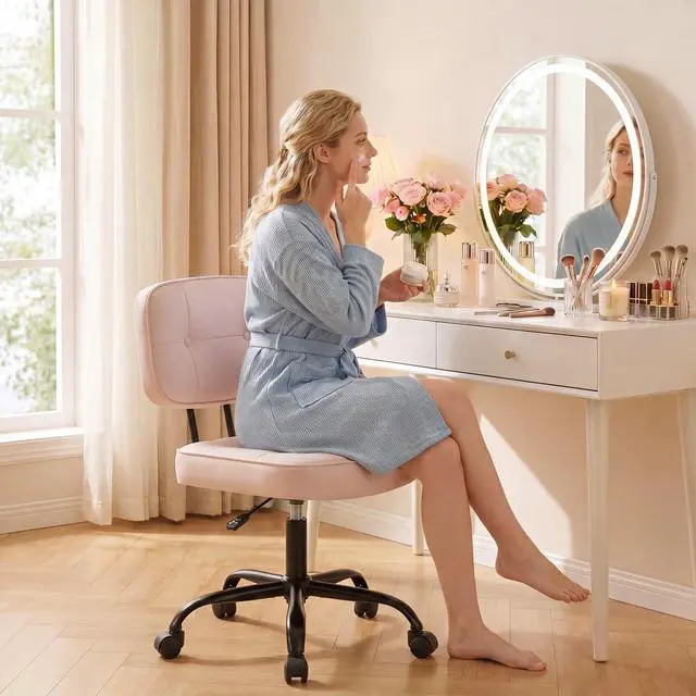 Alt view image 6 of 7 - DUMOS Home Office Desk Chair - Ergonomic Armless PU Leather Computer Rolling Task Chairwith Comfy Lumbar Support and Height Adjustable, Vanity, Bedroom, Living Room, Pink