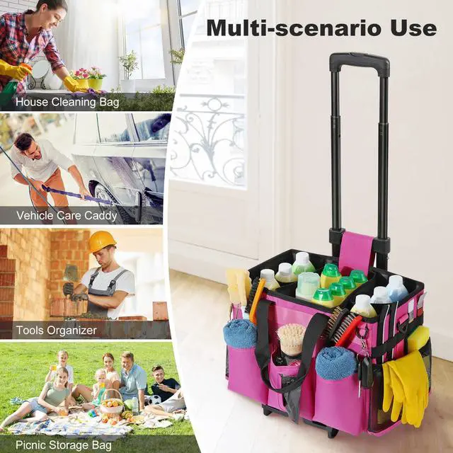 Alt view image 4 of 7 - Housolution Rolling Cleaning Caddy Bag with Detachable Trolley, Professional Portable Large Cleaning Bag with Wheels, Wearable Cleaning Supply Bag on Wheels for Housekeepers, Rose Red