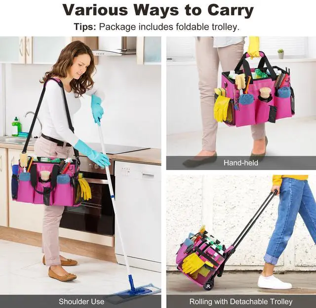 Alt view image 5 of 7 - Housolution Rolling Cleaning Caddy Bag with Detachable Trolley, Professional Portable Large Cleaning Bag with Wheels, Wearable Cleaning Supply Bag on Wheels for Housekeepers, Rose Red