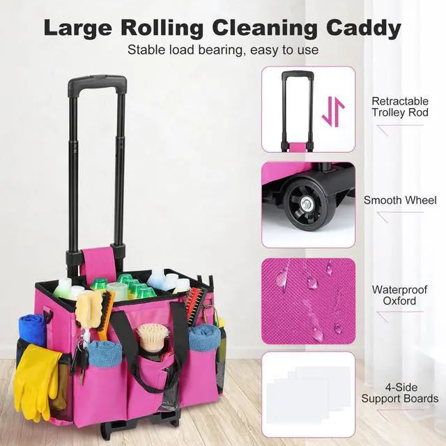 Alt view image 2 of 7 - Housolution Rolling Cleaning Caddy Bag with Detachable Trolley, Professional Portable Large Cleaning Bag with Wheels, Wearable Cleaning Supply Bag on Wheels for Housekeepers, Rose Red