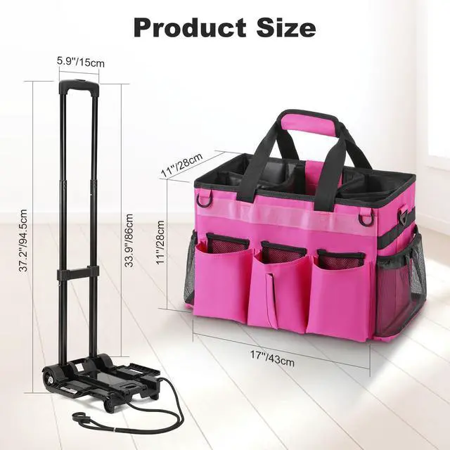 Alt view image 7 of 7 - Housolution Rolling Cleaning Caddy Bag with Detachable Trolley, Professional Portable Large Cleaning Bag with Wheels, Wearable Cleaning Supply Bag on Wheels for Housekeepers, Rose Red