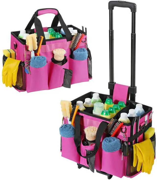 Main image of Housolution Rolling Cleaning Caddy Bag with Detachable Trolley, Professional Portable Large Cleaning Bag with Wheels, Wearable Cleaning Supply Bag on Wheels for Housekeepers, Rose Red