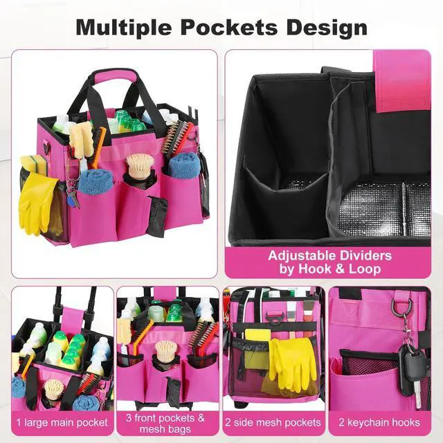 Alt view image 3 of 7 - Housolution Rolling Cleaning Caddy Bag with Detachable Trolley, Professional Portable Large Cleaning Bag with Wheels, Wearable Cleaning Supply Bag on Wheels for Housekeepers, Rose Red