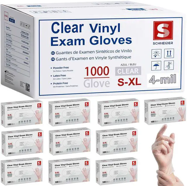 Main image of Schneider Clear Vinyl Exam Gloves, 4-mil, Large 1000-ct Case, Latex-Free, Disposable Gloves, Medical Gloves, Cleaning Gloves, Food Prep Gloves, Food Safe Rubber Gloves, Powder-Free, Non-Sterile