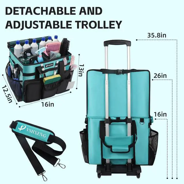 Alt view image 3 of 7 - VSHXENG Rolling Cleaning Caddy Bag with Wheels, Large Cleaning Cart Detachable Trolley, Cleaning Bags for Housekeepers With Shoulder Strap & Multi Pockets for Cleaning Tools Storage (Amber Green)