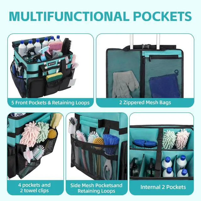 Alt view image 6 of 7 - VSHXENG Rolling Cleaning Caddy Bag with Wheels, Large Cleaning Cart Detachable Trolley, Cleaning Bags for Housekeepers With Shoulder Strap & Multi Pockets for Cleaning Tools Storage (Amber Green)