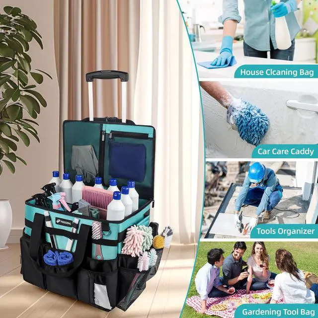 Alt view image 7 of 7 - VSHXENG Rolling Cleaning Caddy Bag with Wheels, Large Cleaning Cart Detachable Trolley, Cleaning Bags for Housekeepers With Shoulder Strap & Multi Pockets for Cleaning Tools Storage (Amber Green)