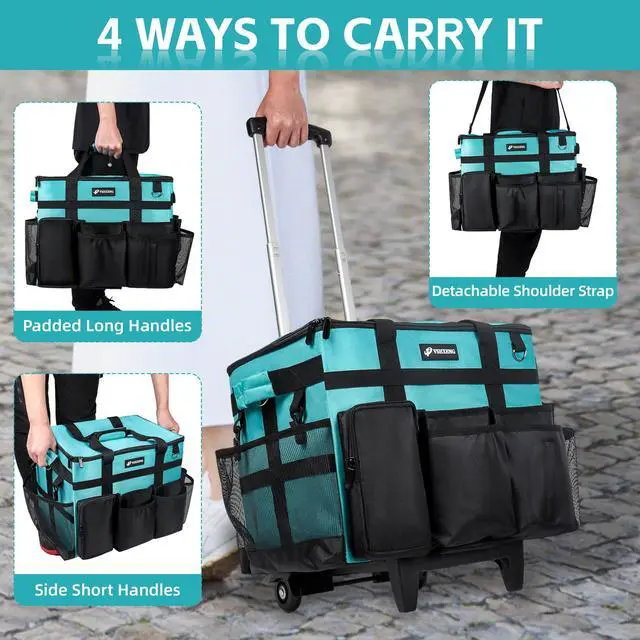 Alt view image 4 of 7 - VSHXENG Rolling Cleaning Caddy Bag with Wheels, Large Cleaning Cart Detachable Trolley, Cleaning Bags for Housekeepers With Shoulder Strap & Multi Pockets for Cleaning Tools Storage (Amber Green)