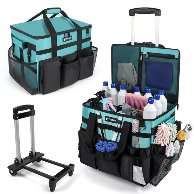 Main image of VSHXENG Rolling Cleaning Caddy Bag with Wheels, Large Cleaning Cart Detachable Trolley, Cleaning Bags for Housekeepers With Shoulder Strap & Multi Pockets for Cleaning Tools Storage (Amber Green)