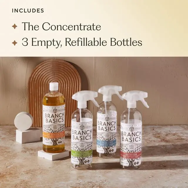 Main image of Branch Basics Cleaning Essentials Kit: All Purpose, Glass and Bathroom Cleaner - Concentrate (33.8 Oz) (17 Refills) + Refillable Plastic Spray Bottles (24 Oz) Plant Based, Human-Safe, & Fragrance Free