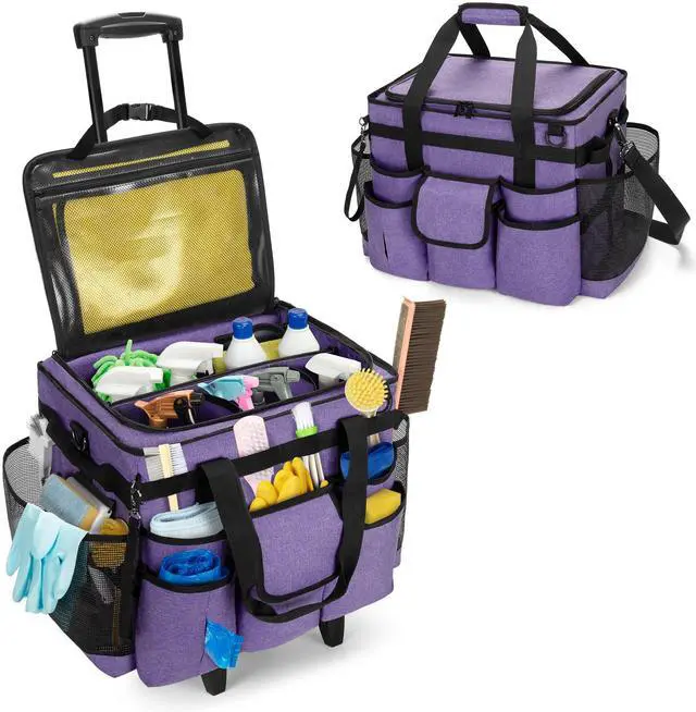 Main image of LoDrid Rolling Cleaning Caddy with Lid, Cleaning Supplies Organizer with Detachable Trolley, Cleaning Caddy Cart on Wheels with Handle and Shoulder Strap for Housekeepers, Purple, Bag Only