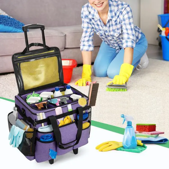 Alt view image 7 of 7 - LoDrid Rolling Cleaning Caddy with Lid, Cleaning Supplies Organizer with Detachable Trolley, Cleaning Caddy Cart on Wheels with Handle and Shoulder Strap for Housekeepers, Purple, Bag Only